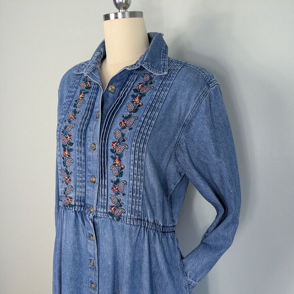 Vintage Talbots Denim Shirt Dress 90s Embroidered Modest Blue Jean Grunge 16P - Picture 3 of 16